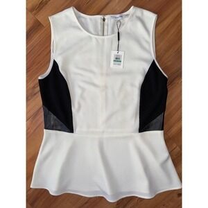 NWT Calvin Klein‎ Women's LRG Cream Black Contrast Trim Sleeveless Peplum Top